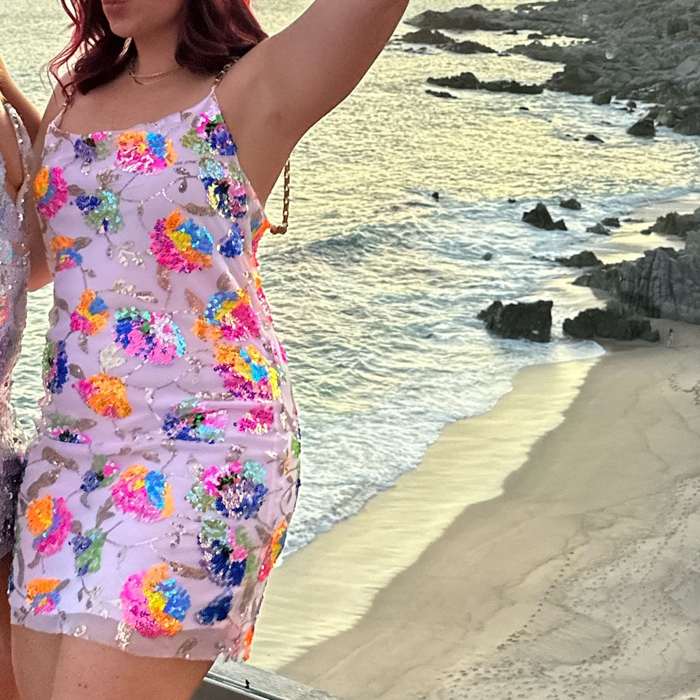 Gold Chain Strap Multi Color Sequin Pink Dress